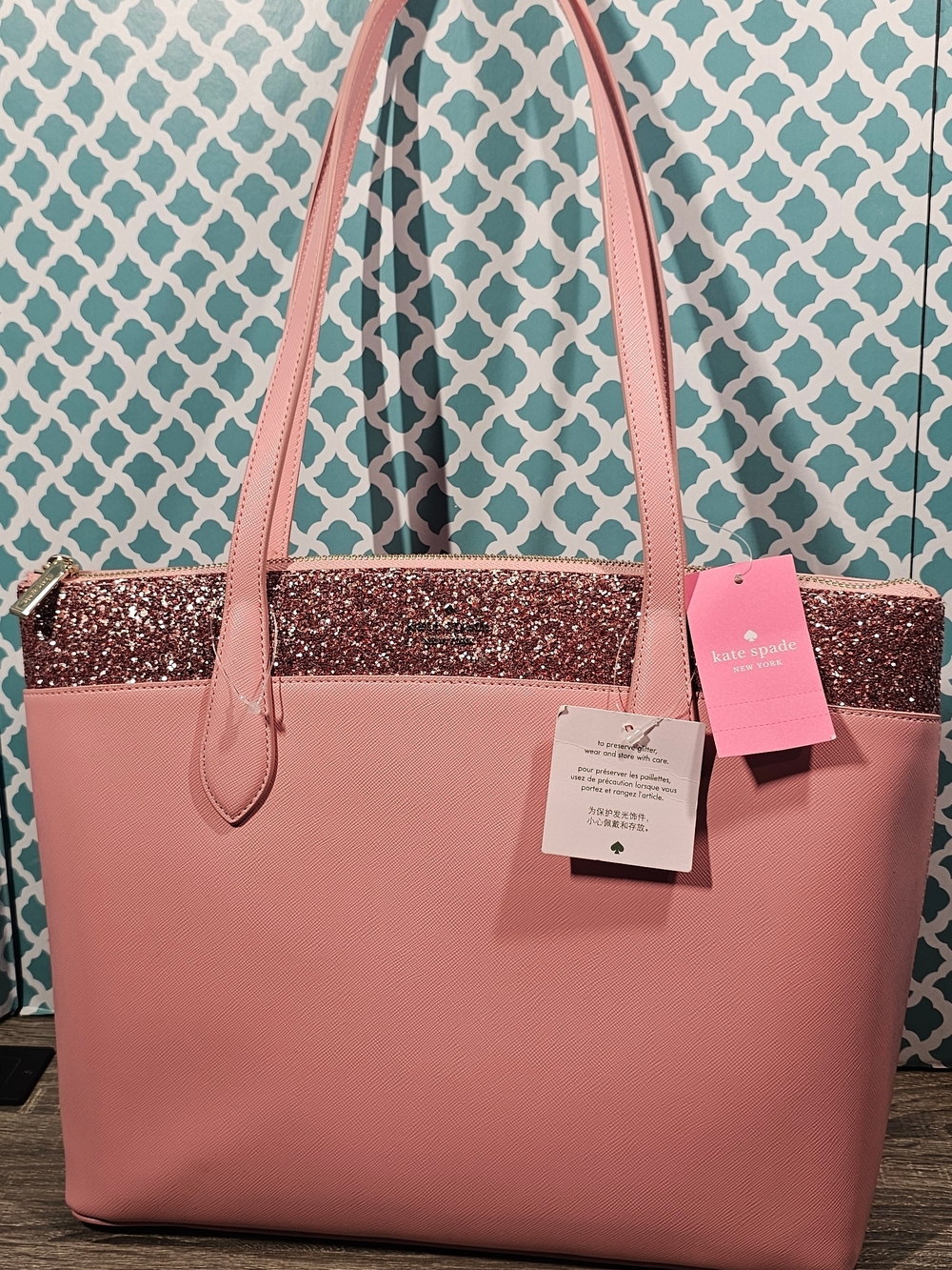 Kate Spade New York NWT Pink Glitter Tote Shoulder Bag with Zip Closure